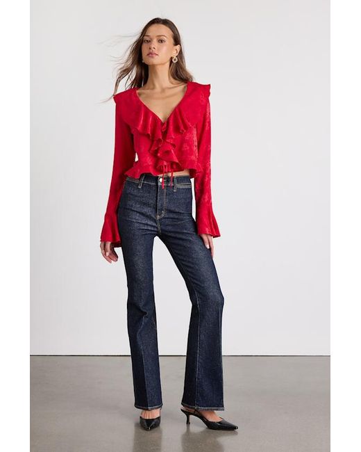 Lulus Red Esmina Jacquard Ruffled Tie-Front Top