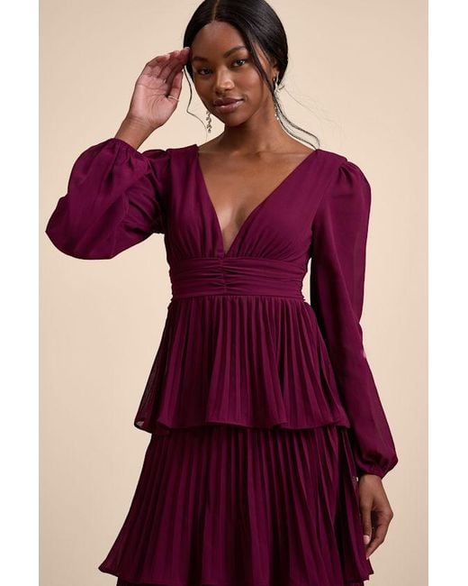 Lulus Purple Graceful Finesse Plum Pleated Long Sleeve Maxi Dress