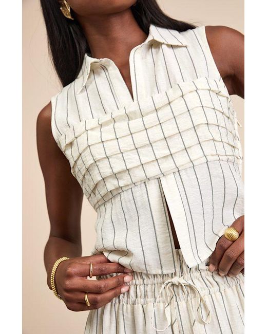 Lulus Natural Clarette Light Striped Pleated Collared Top
