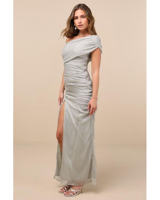 Lulus Gray Kyleah Ruched One-Shoulder Maxi Dress