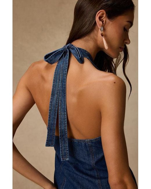Lulus Blue Soleil Dark Wash Denim Halter Wrap Top