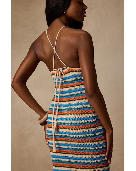 Lulus Blue Nalani Multi Striped Crochet Halter Midi Dress