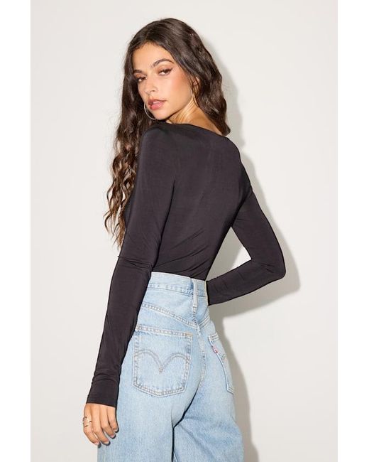 Lulus Blue Ramia Slinky Knit Cutout Long Sleeve Bodysuit