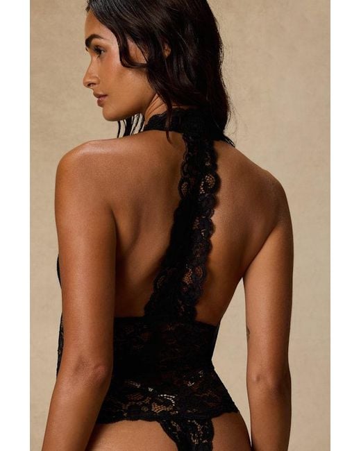 Lulus Brown Lara Sheer Lace Halter Bodysuit