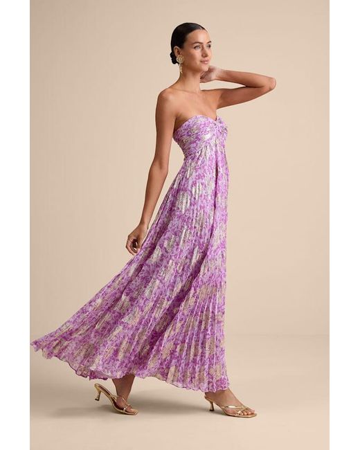 Lulus Purple Lynwen Abstract Pleated Strapless Maxi Dress