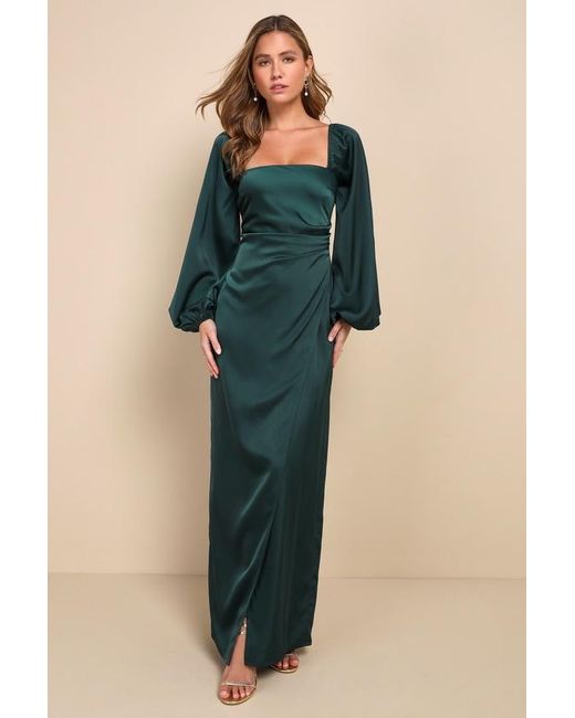 Lulus Blue Eternal Heart Emerald Satin Long Sleeve Maxi Dress