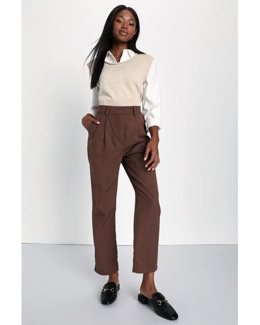Lulus Brown Posh Promotion Twill High Rise Tapered Trouser Pants