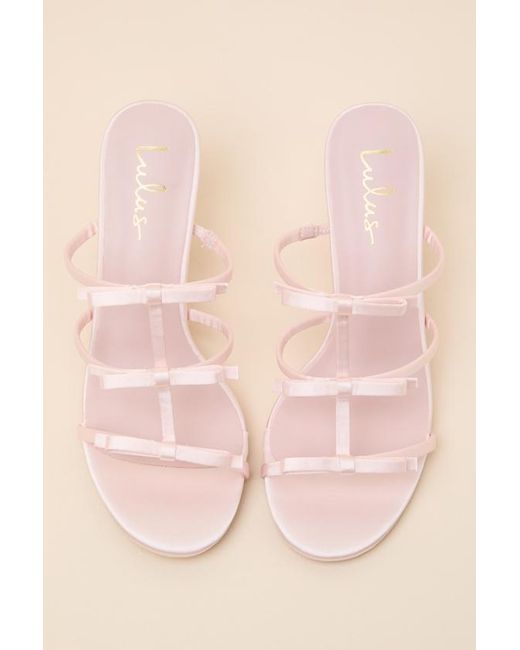 Lulus Pink Millie Blush Satin Strappy Bow High Heel Slide Sandals