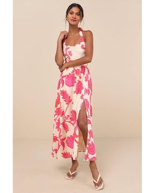 Lulus Pink Layton And Cream Floral Halter Maxi Dress