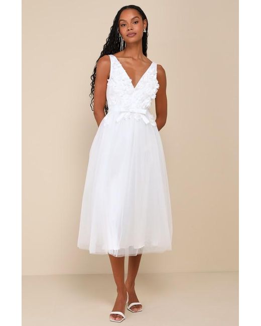Lulus Natural Dreamy Presence Tulle Floral Applique Bow Midi Dress