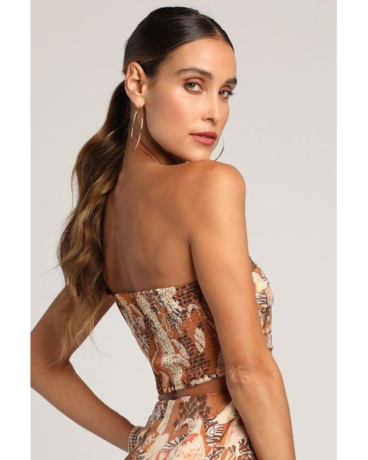 Lulus Brown Something Wild Multi Print Pleated One-Shoulder Crop Top
