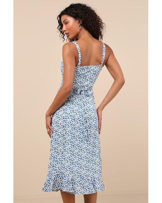 Lulus Blue Darling Daisies Floral Print Midi Dress