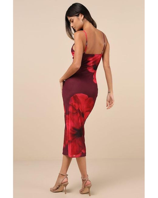 Lulus Red Jaela Floral Mesh Sleeveless Bodycon Midi Dress