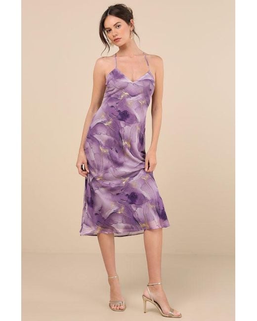 Lulus Pink Bright Charm Abstract Print Chiffon Slip Midi Dress