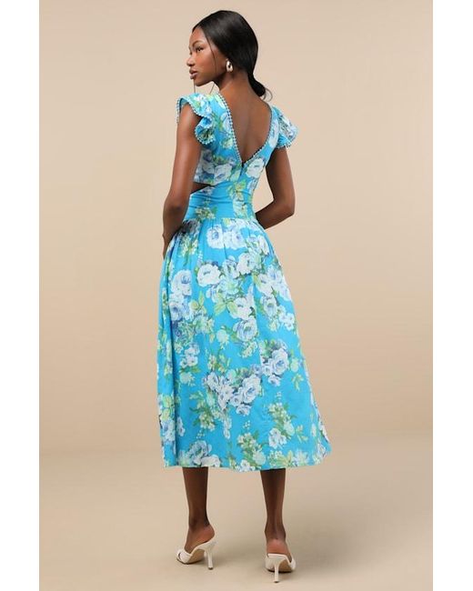 Lulus Blue Prielle Bright Floral Cutout Midi Dress