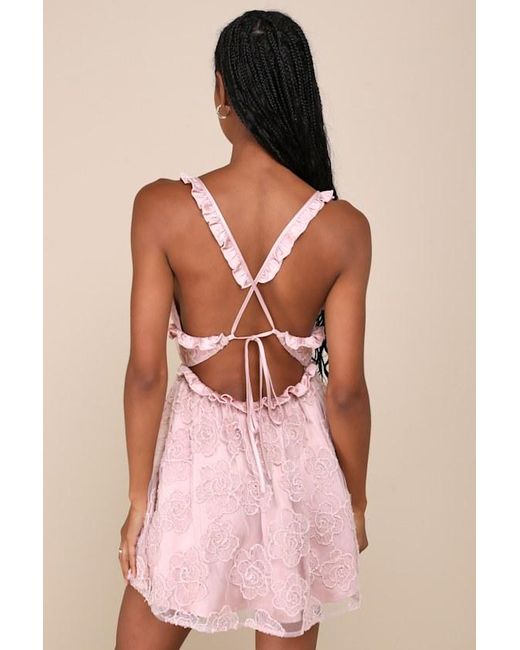 Lulus Pink Delightfully Precious Mesh Embroidered Ruffled Mini Dress