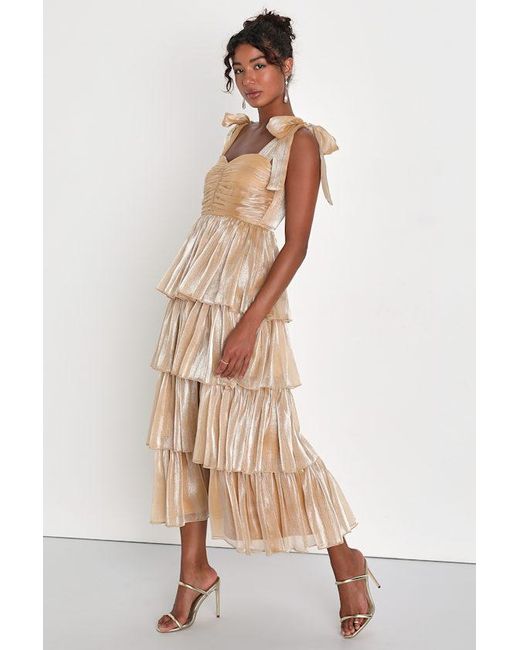 Lulus Natural Radiant Arrival Shiny Organza Tiered Tie-Strap Maxi Dress