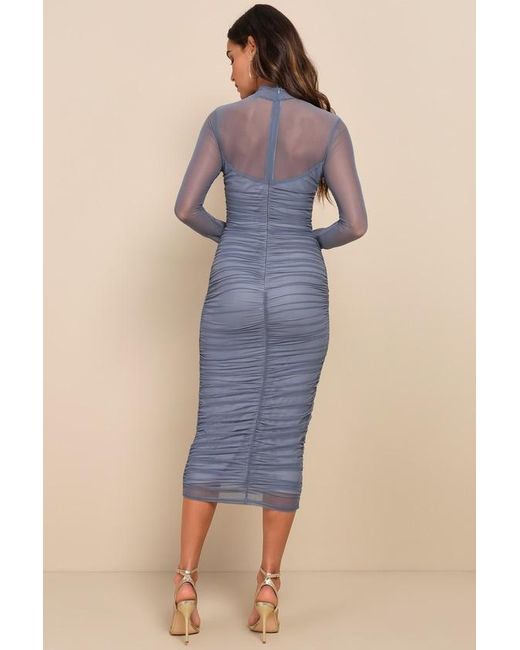 Lulus Blue Impressive Flirt Mesh Ruched Mock Neck Midi Dress