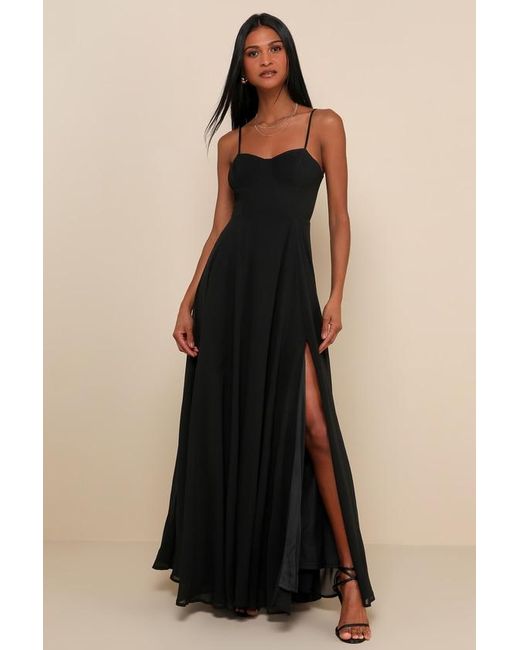 Lulus Black Cause For Commotion Pleated Bustier Maxi Dress