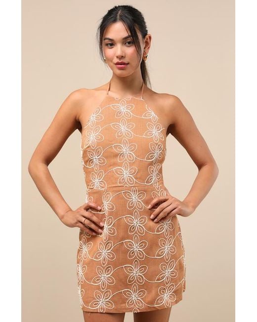 Lulus Natural Tetiana Floral Embroidered Halter Mini Dress