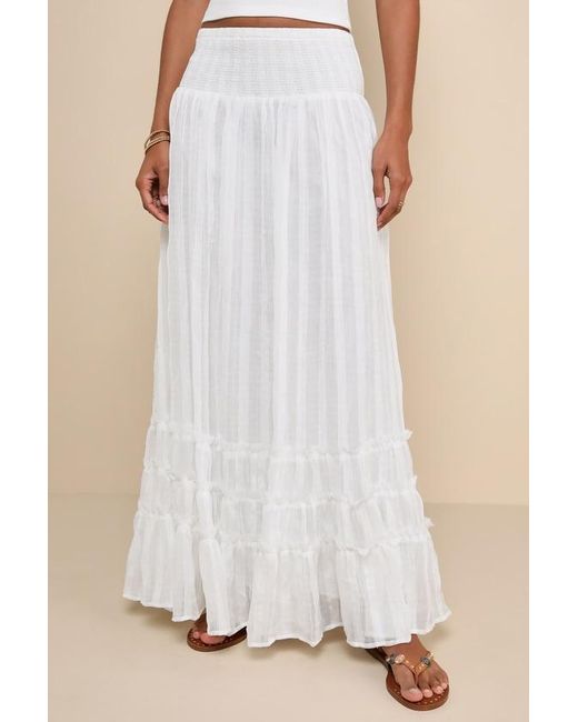 Lulus Natural Sunny Baby Smocked Tiered High-Waisted Midi Skirt