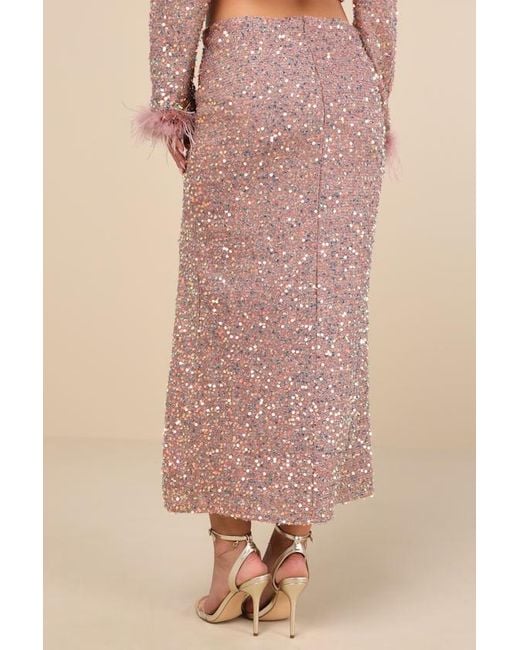 Lulus Natural Sparkling Behavior Sequin High-Rise Midi Skirt