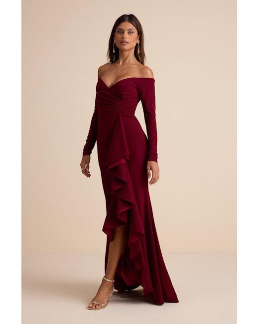 Lulus Red Notorious Perfection Wine Off-The-Shoulder Ruffled Maxi Dress