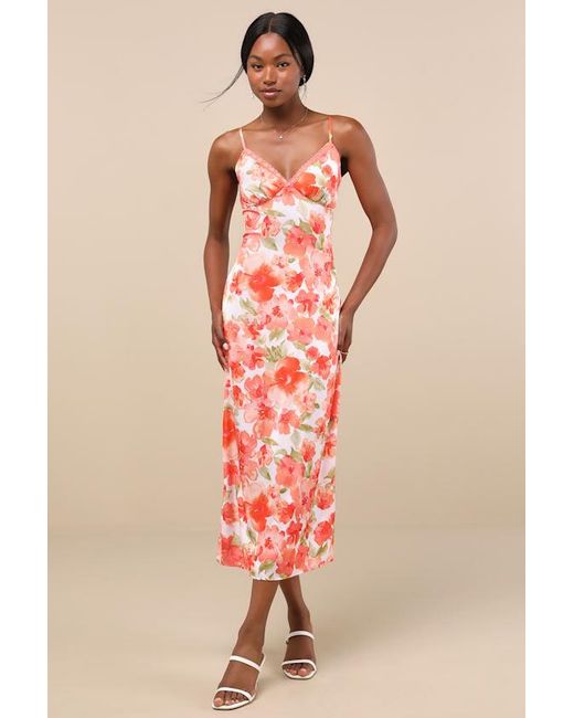 Lulus Red Mattie Floral Satin Lace Midi Slip Dress
