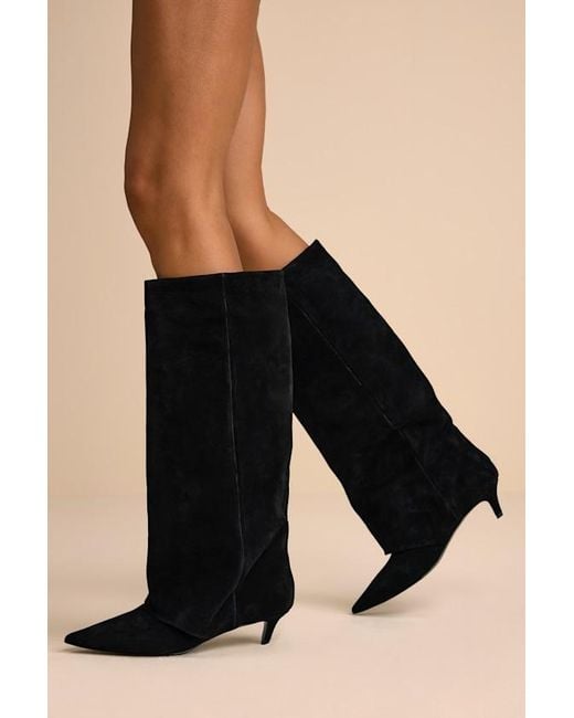 Steve Madden Black Luca Suede Leather Slouchy Knee-High Kitten Heel Boots