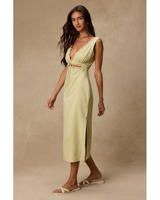 Lulus Natural Connie Light Chartreuse Lace Tie-Front Midi Dress