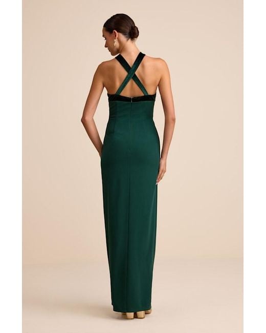 Lulus Green Bisian Velvet Bow Backless Apron Maxi Dress
