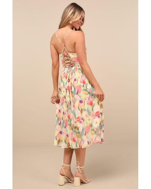 Lulus Yellow Aleyna Abstract Pleated Lace-Up Bustier Midi Dress