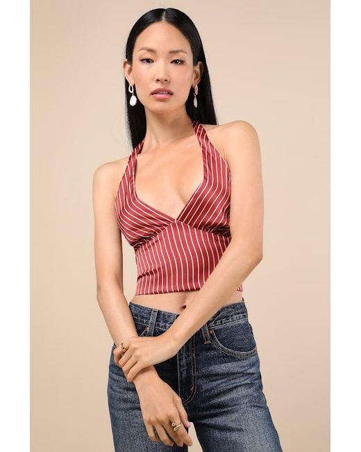 Lulus Multicolor Damiana Striped Satin Tie-Back Halter Top