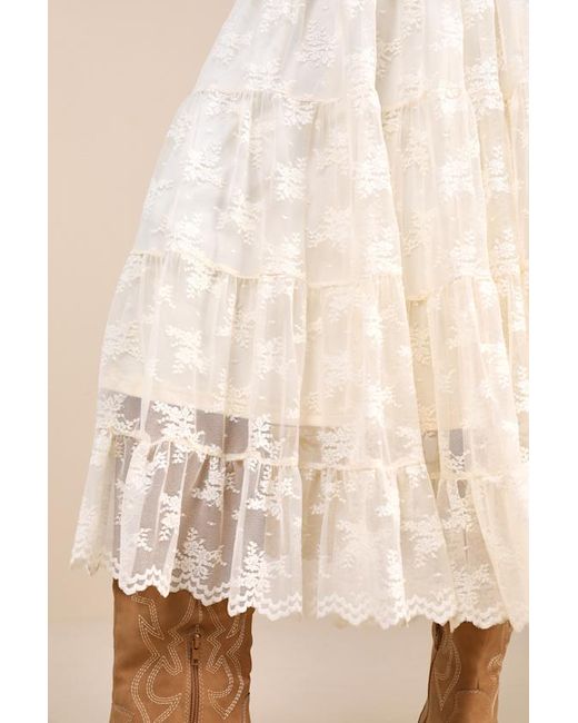 Lulus Blue Exceptionally Graceful Cream Lace High-Rise Tiered Midi Skirt