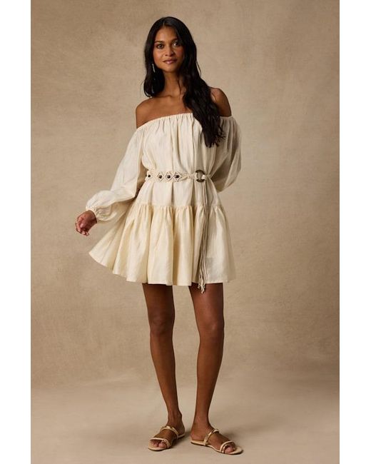 Lulus Natural Ainsley Cream Off-The-Shoulder Belted Mini Dress