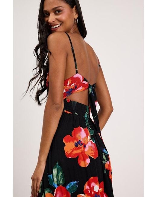Lulus Red Tropical Blooms Floral Print Tie-Back Cutout Dress