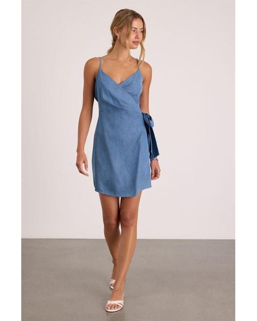 Lulus Blue Neya Chambray Wrap Mini Dress