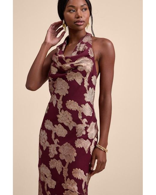 Lulus Multicolor Zafira Burgundy And Burnout Cowl Halter Maxi Dress