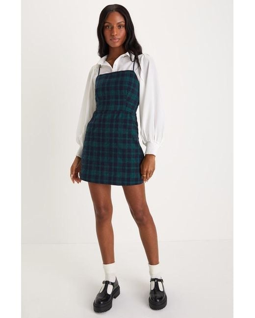 Lulus Blue Sweetest Memory Plaid Lace-Up Mini Dress With Pockets