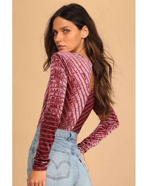 Lulus Red Save The Date Dusty Velvet Striped Long Sleeve Bodysuit