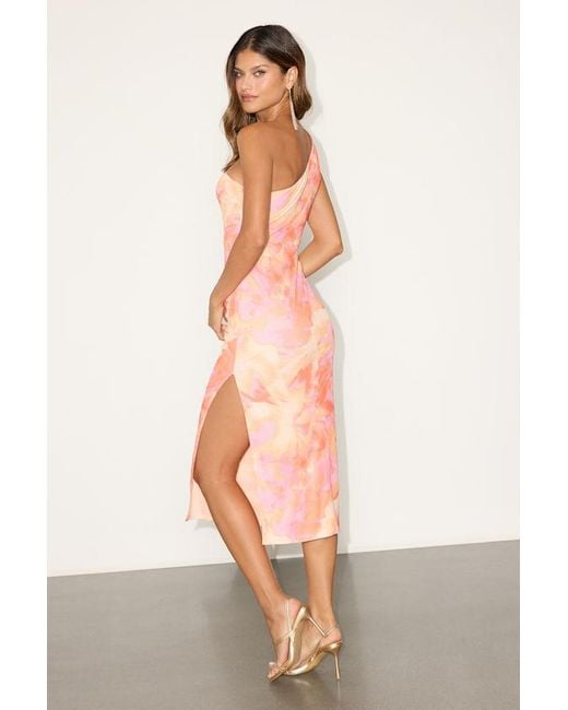 Lulus Pink Ismerida And Abstract Mesh One-Shoulder Midi Dress