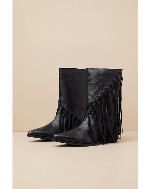 Matisse Black Buck Leather Fringe Mid-Calf Western Boots