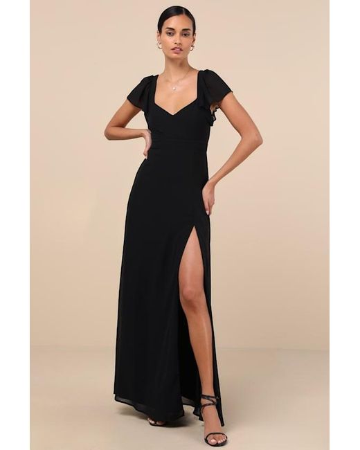 Lulus Black Simply Delightful Tie-Back Flutter Sleeve Maxi Dress