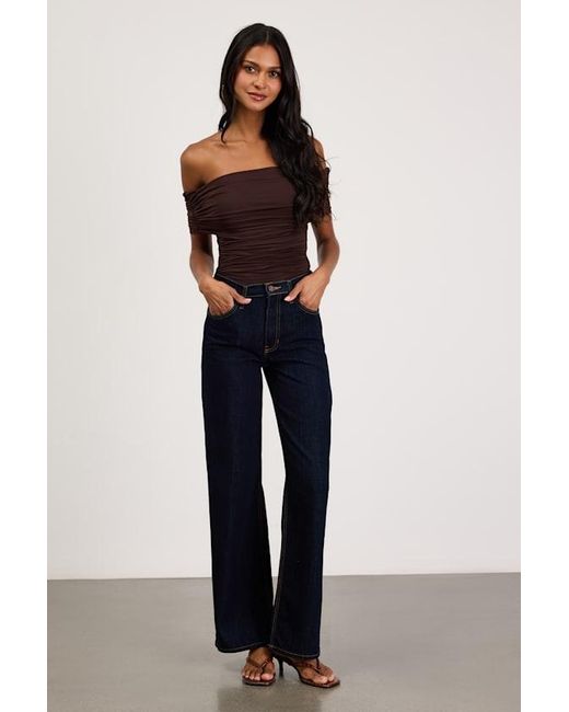 Lulus Blue Jarena Dark Ruched Off-The-Shoulder Top