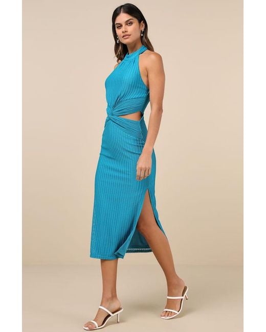 Lulus Blue Poised Attitude Halter Cutout Twist-Front Midi Dress