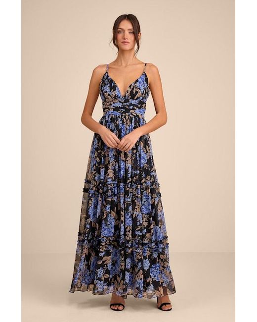 Lulus Blue Niora And Floral Pleated Maxi Dress