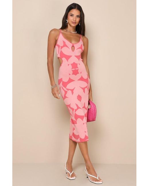 Lulus Pink Perfectly Charming Abstract Print Cutout Midi Sweater Dress