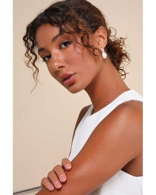 Lulus Natural Spectacular Stance Rhinestone Pearl Earrings