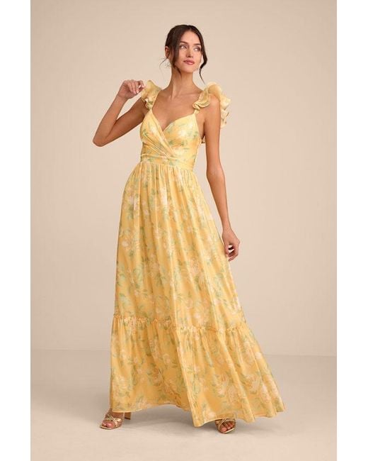 Lulus Yellow Soiree Perfection Floral Ruffled Tiered Maxi Dress
