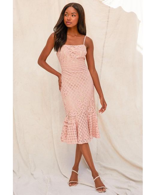 Lulus Pink Unlimited Love Dusty Lace Trumpet Midi Dress
